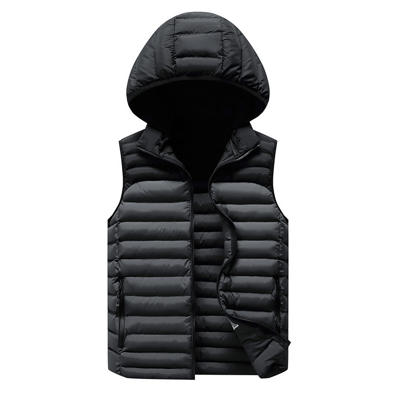 Men's Warm Winter Down Vest With Hood - Thick Cotton-Padded Casual Gilet, Zipper Closure, Black, 2024 B3