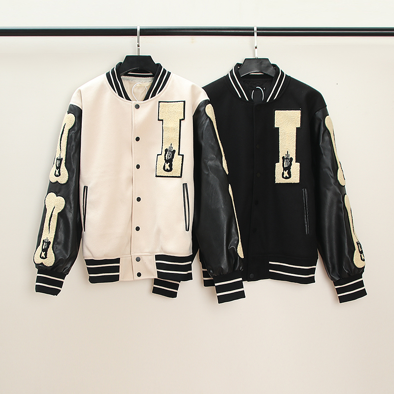 Men's Jackets Leather Sleeve Patchwork Bone Embroidery Retro Men's and Women's Woolen Baseball Jacket Harajuku Stand Oversize Casual Co