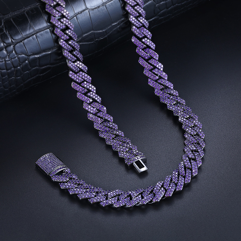 14mm Hip Hop TopBling Purple Cubic Zircon Miami Cuban Chain Necklace Bracelet Jewelry Gun Black Plated