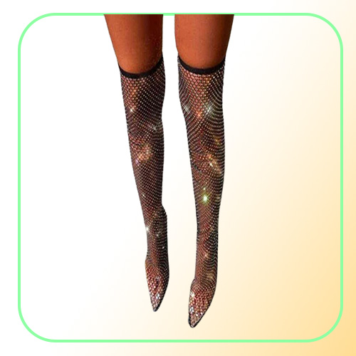 Sexy Women039s Boots Over The Knee Boots Thigh High Botas Pointed Toe High Heels Shoes Female Crystal Fishnet Mesh Nightclub Sh