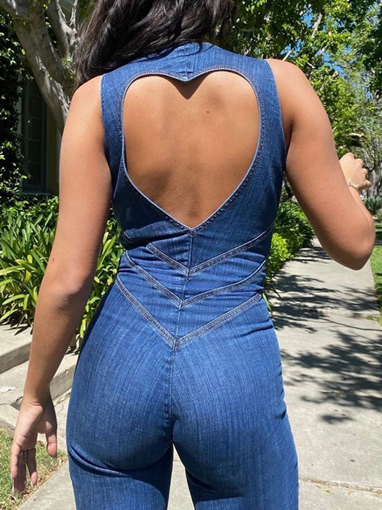 Women's Jumpsuits Rompers Apprabant Summer Sexy Denim Jumpsuit Sleeveless Deep V Neck High Waist Wide Leg Women Vintage Streetwear Fashion Jeans 