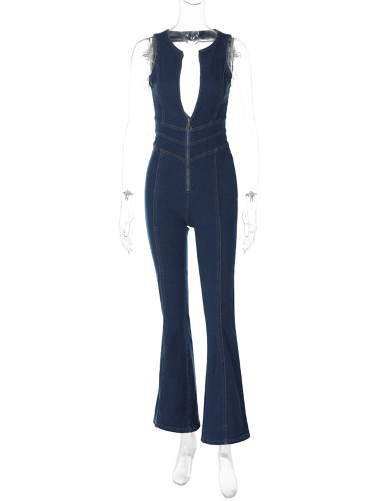 Women's Jumpsuits Rompers Apprabant Summer Sexy Denim Jumpsuit Sleeveless Deep V Neck High Waist Wide Leg Women Vintage Streetwear Fashion Jeans 