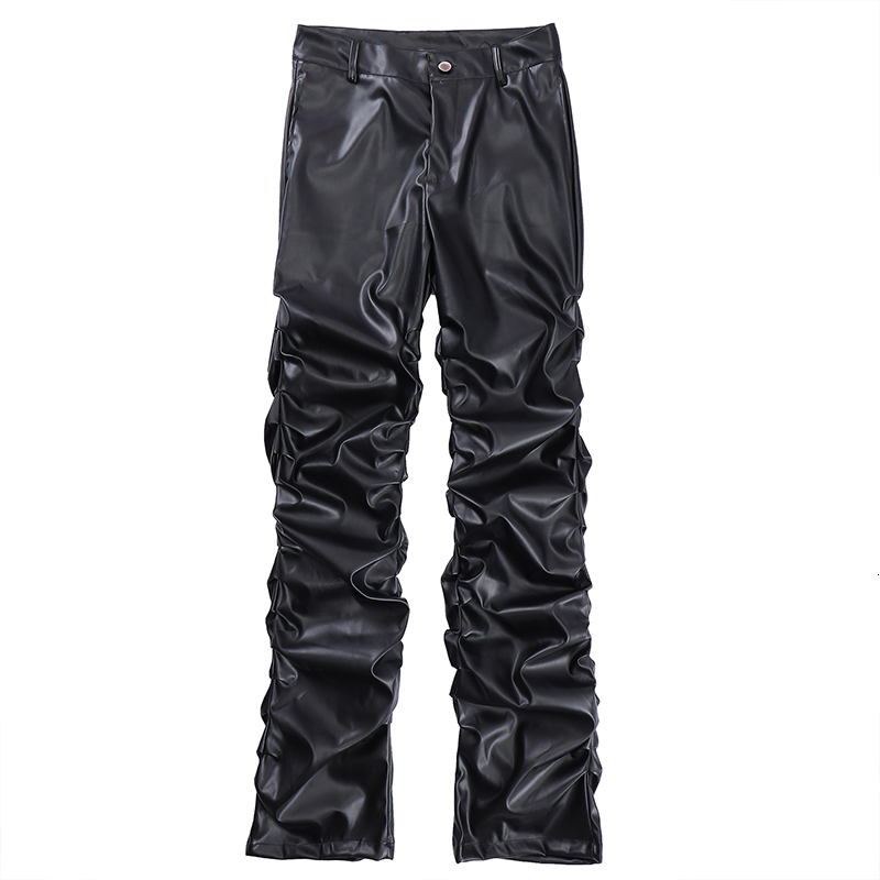 Men's Pants Hip Hop Mens Pleated Pu Leather Pants Harajuku Retro Streetwear Loose Ruched Casual Trousers Straight Solid Color Black Pants 230726