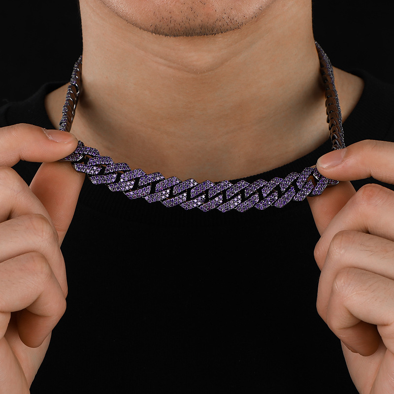 14mm Hip Hop TopBling Purple Cubic Zircon Miami Cuban Chain Necklace Bracelet Jewelry Gun Black Plated