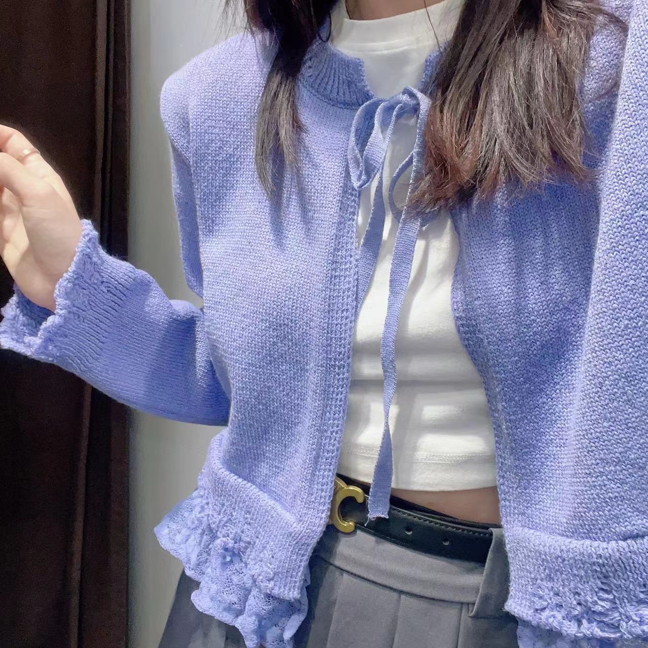 Women's Knits Tees BMZRLJY Pure Desire Spice Girl Fashion Temperament Spring And Summer Purple Laceup Lace Edge Decoration Knitted Coat Female 23