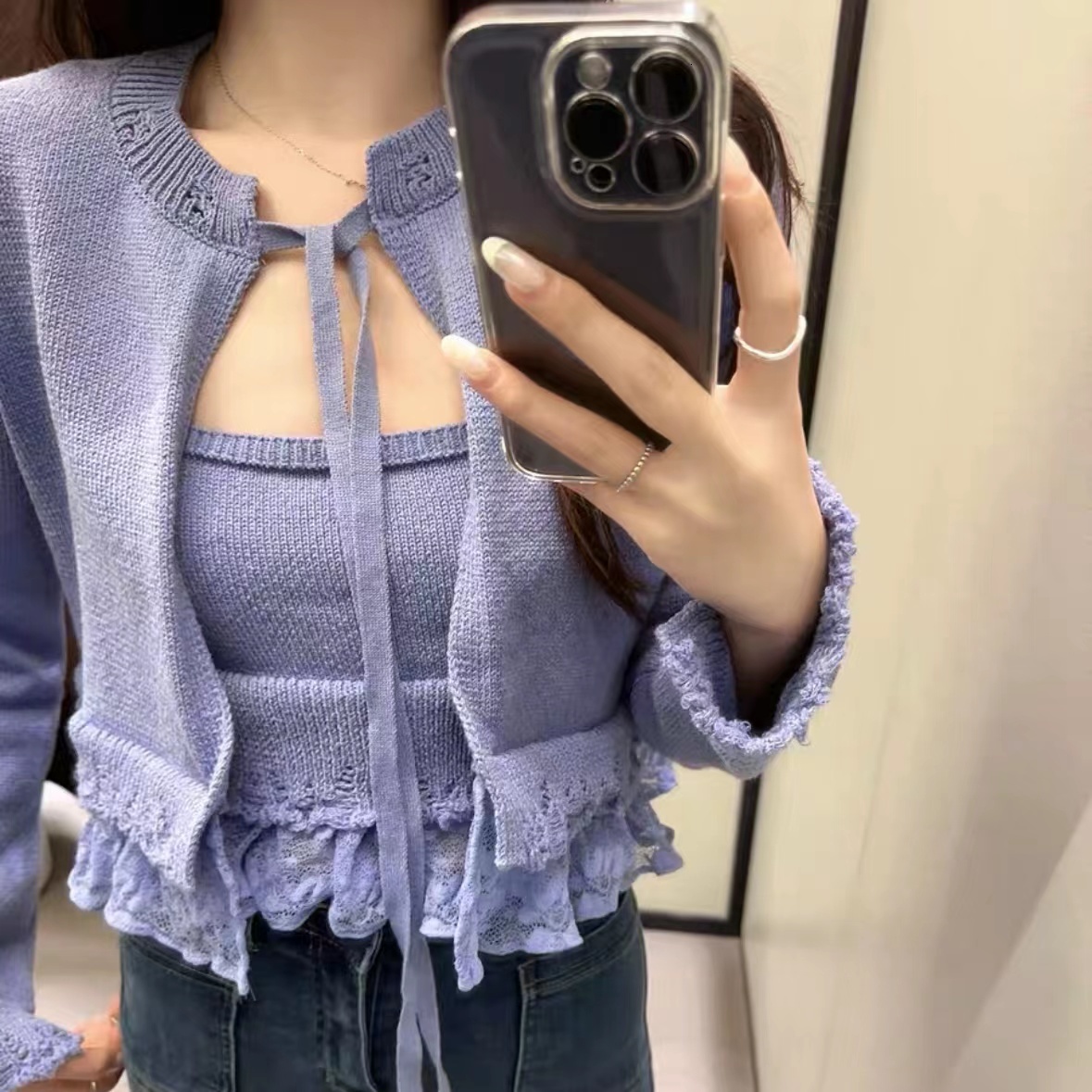 Women's Knits Tees BMZRLJY Pure Desire Spice Girl Fashion Temperament Spring And Summer Purple Laceup Lace Edge Decoration Knitted Coat Female 23