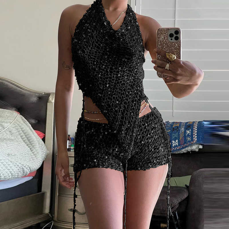 Womens 2023 Summer New Sexy Hollow out Knitted Sequin Top High Waist Wrapped Hip Shorts Set for Women