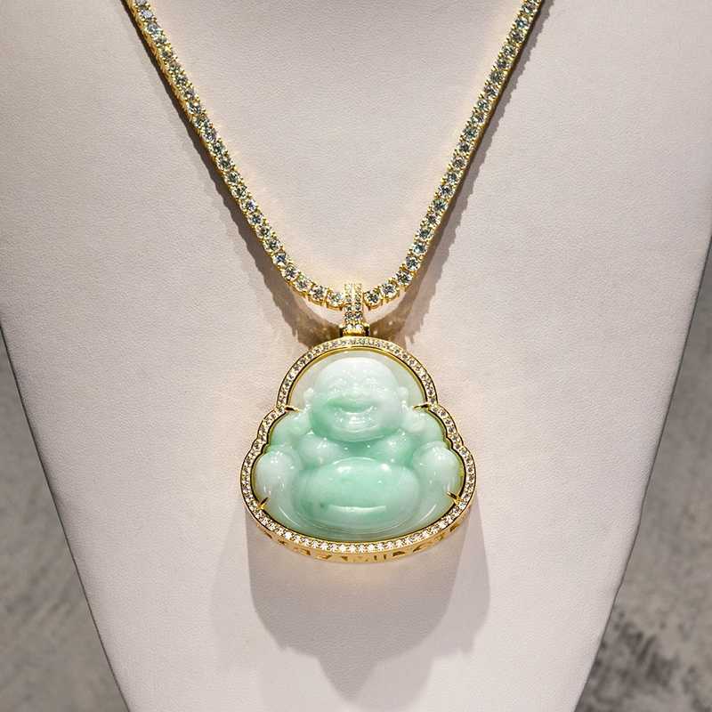 10k Solid Gold Sterling Sier with Moissanite Dia Hip Hop Jade Maitreya Buddha Pendant