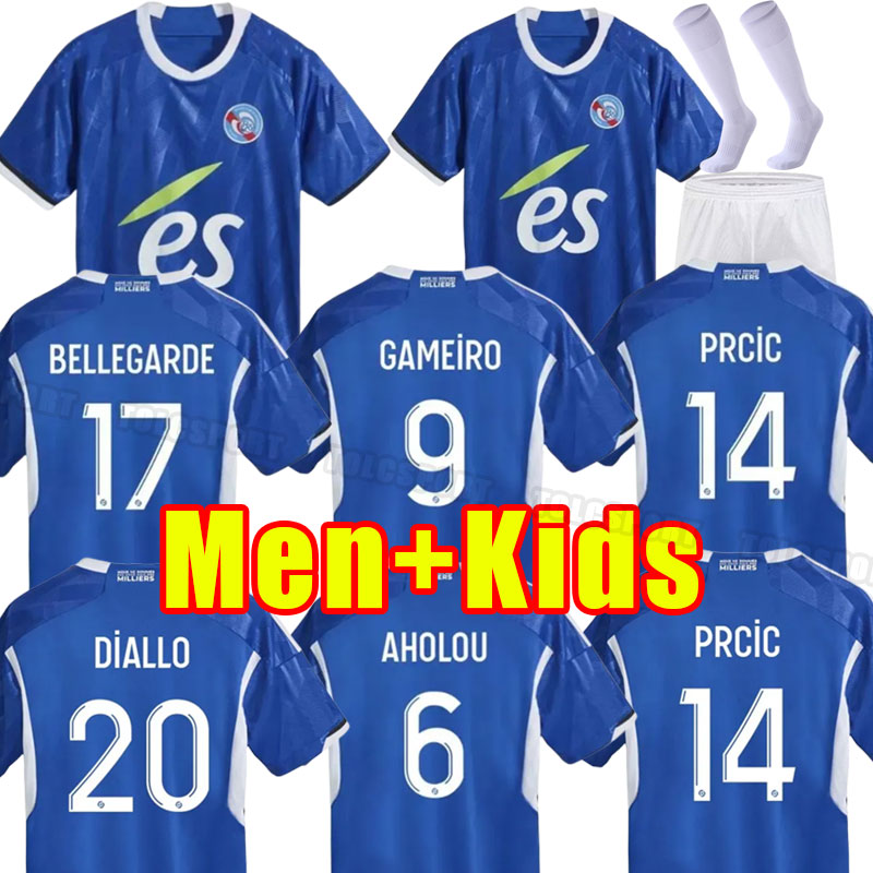 RC Strasbourg 2023 2024 soccer jerseys home blue away Gameiro AHOLOU THOMASSON 23 24 Diallo DJIKU LiEnard AJORQUE maillot de foot football shirts top kid adult Child