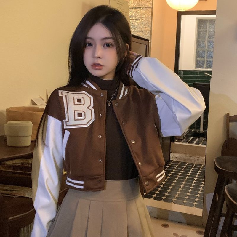 Womens Jackets HOUZHOU Cropped Baseball Jacket College Varsity Y2k Streetwear Vintage Oversize Korean Fashion Coat Aesthetic 230726