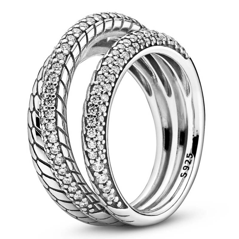New 925 Sterling Silver Ring Bar Stacking Signature Triple Beaded Pave Band Radiant Teardrop Pink Fan For Women Jewelry
