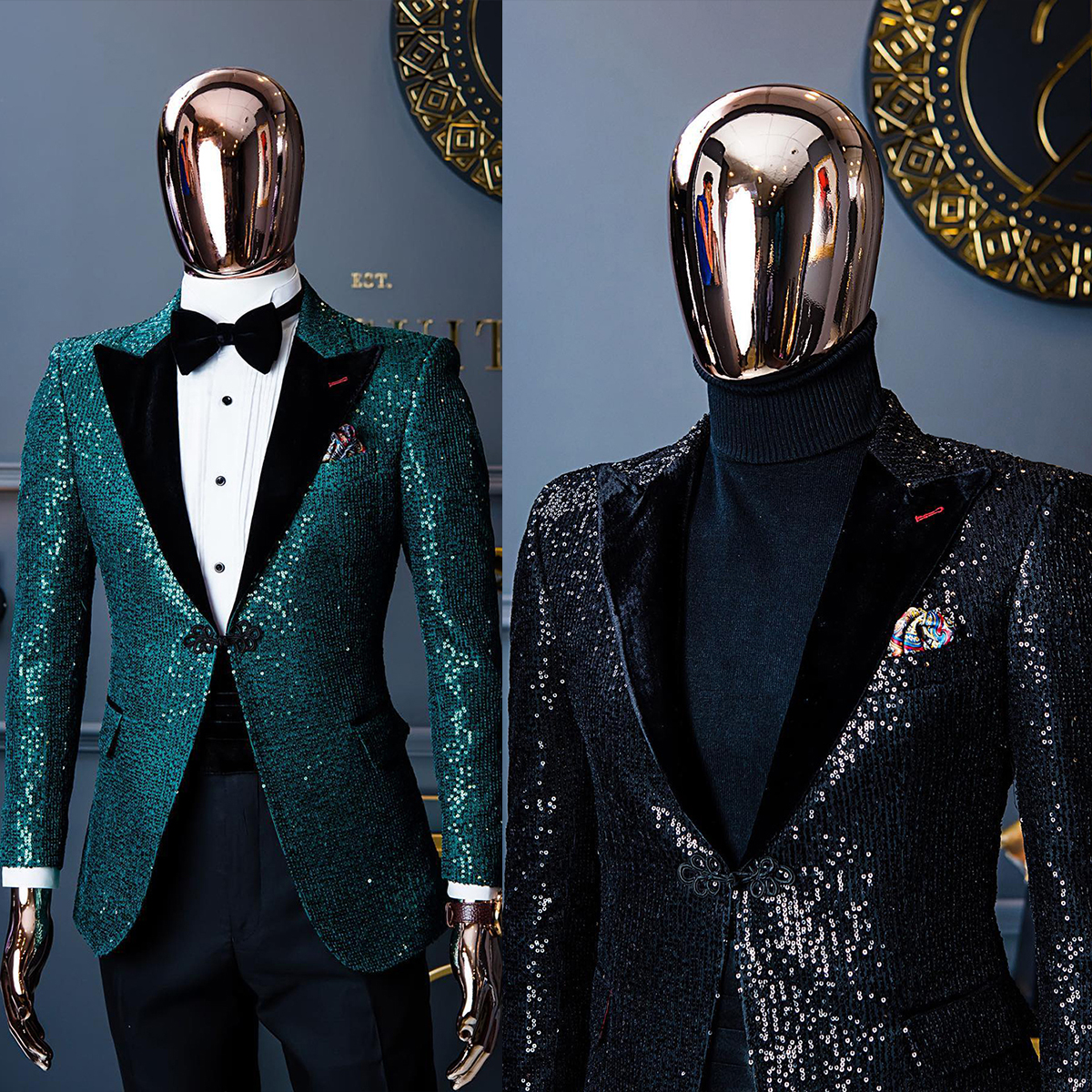 Luxury 2 Pieces Wedding Tuxedos Men Suits Shining Sequined Peaked Lapel One Button Customize Coat Black Pants Fashion Casual Prom Party Tailored