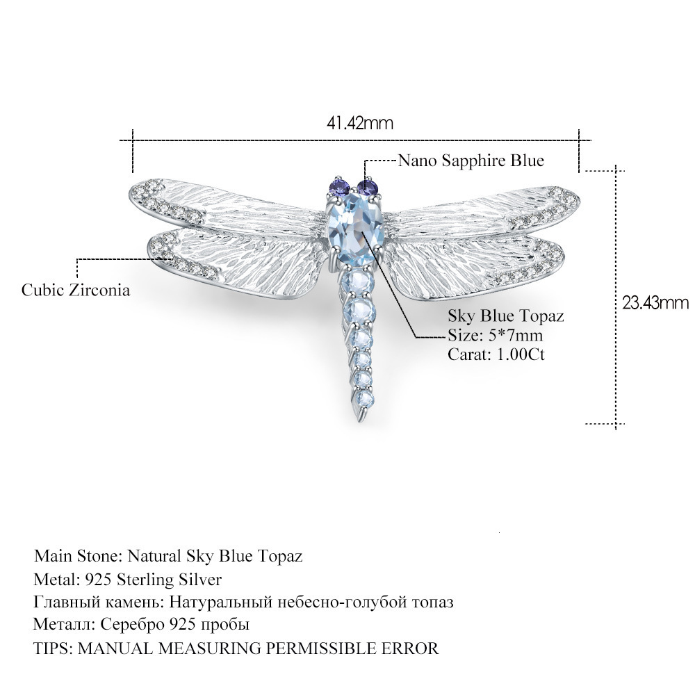 Pins Brooches Jade Angel Natural Blue Topaz Dragonfly Brooch Stylish 925 Sterling Silver Handmade Animal for Women Fine Jewelry 230727