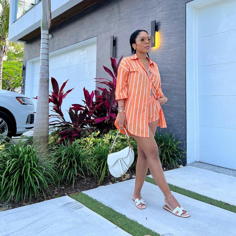 Womens Tracksuits 2023 Shirt Set Young Office Lady Casual Striped Sweet Loose Shirt Short Half Sleve Short Pants Women 2 Piece