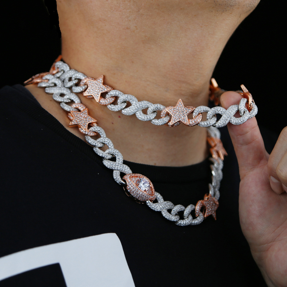 20mm Hip Hop Star Eye Infinite Chain Cuban Link Chain Necklace Bracelet Rose Gold Plated Jewelry