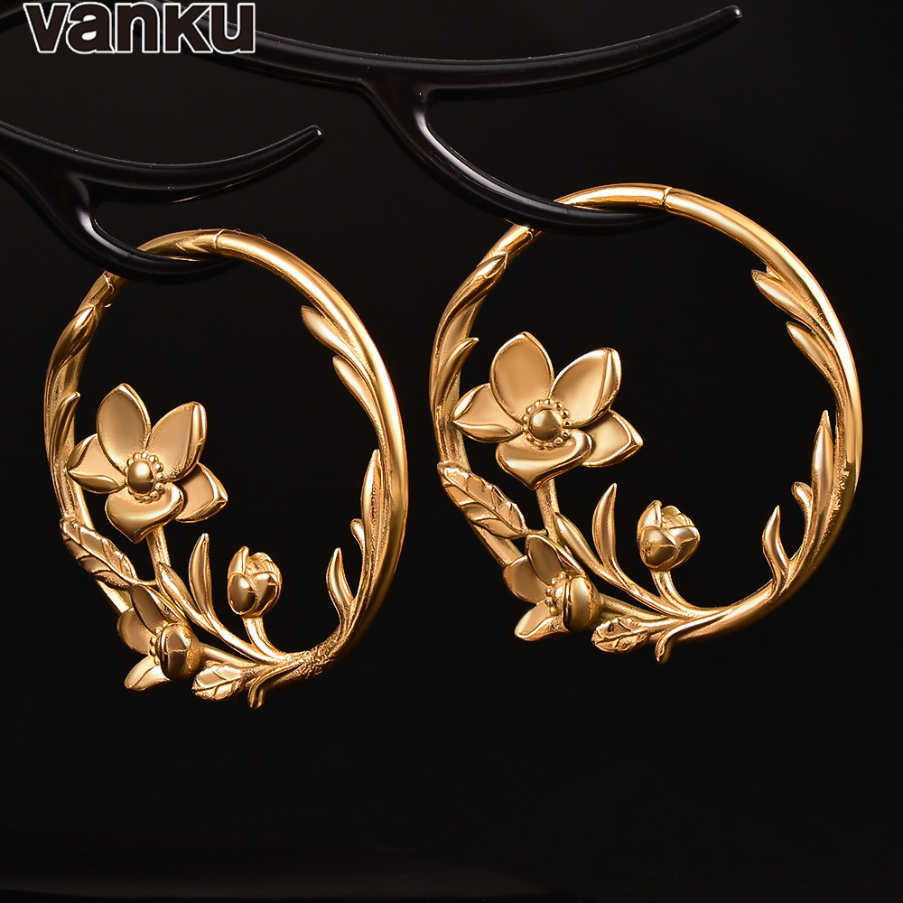 Dental Grills Vanku 2pcs Fashion Stretched Stainless Round Flowers Hoops Ear Weights for Steel Expander Body Piercing Tunnel Jewelry 230727