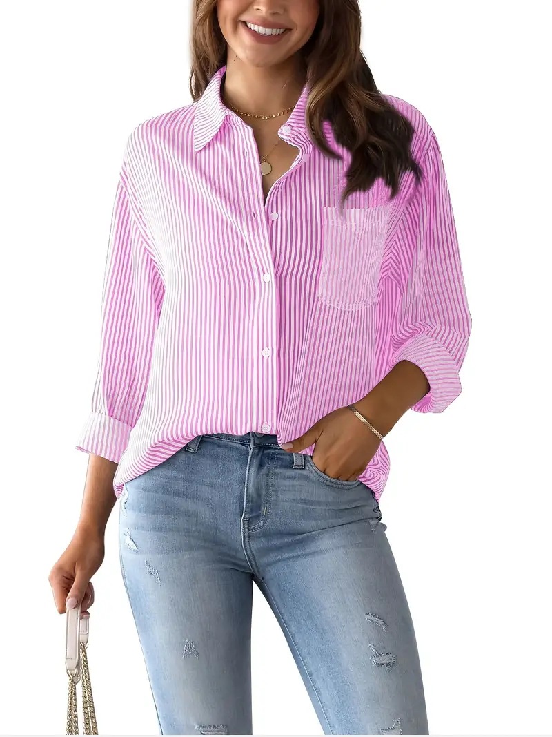 Womens shirt women's shirt designer cottona button-up shirt Striped classic long-sleeved collared office work shirt with pocket Loose casual long