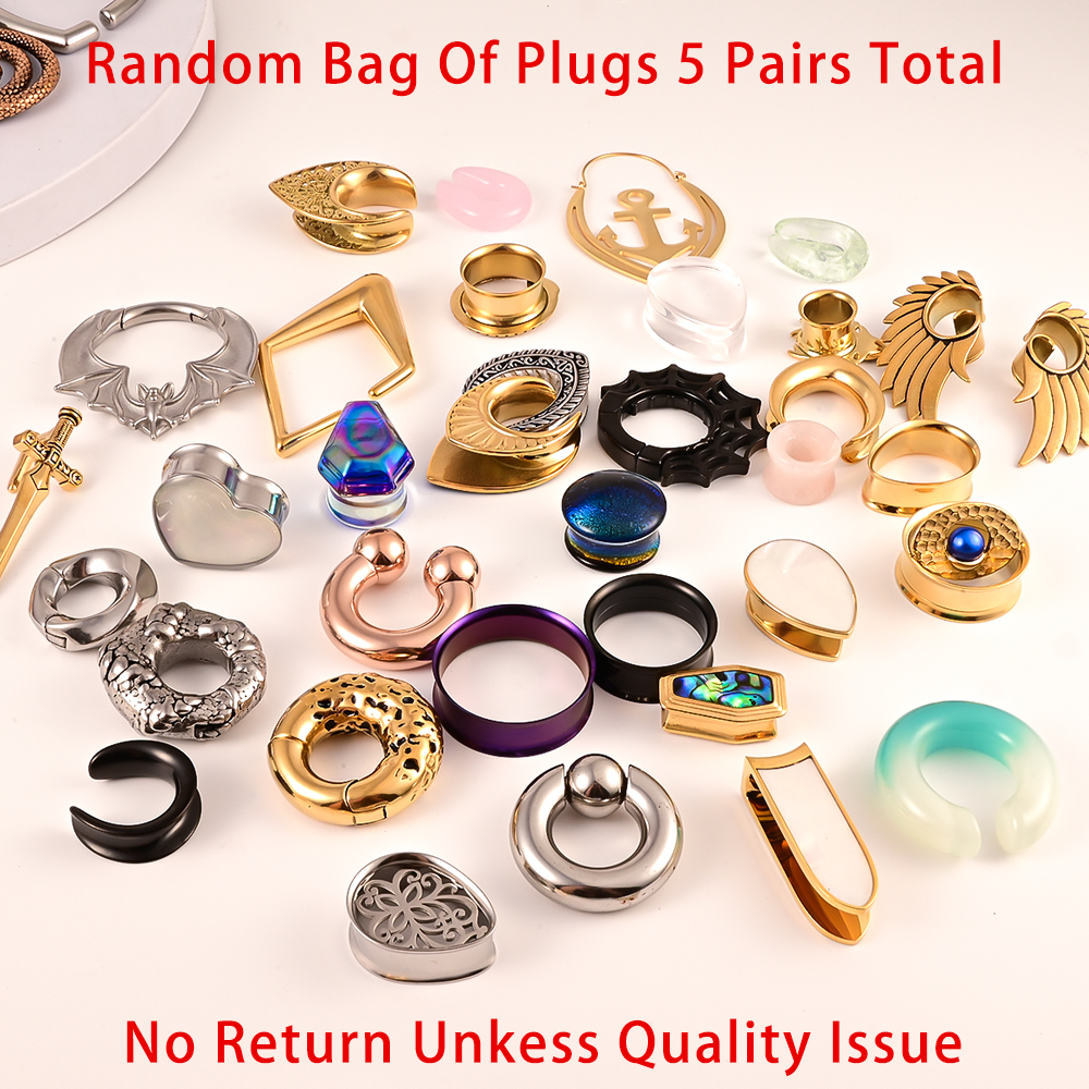 Dental Grills Vanku Body Piercing Lucky Lot Random Bag Ear Plugs 5 Pairs Total include 1 pair ear weight 4 pairs gaugesplugsStone 230727