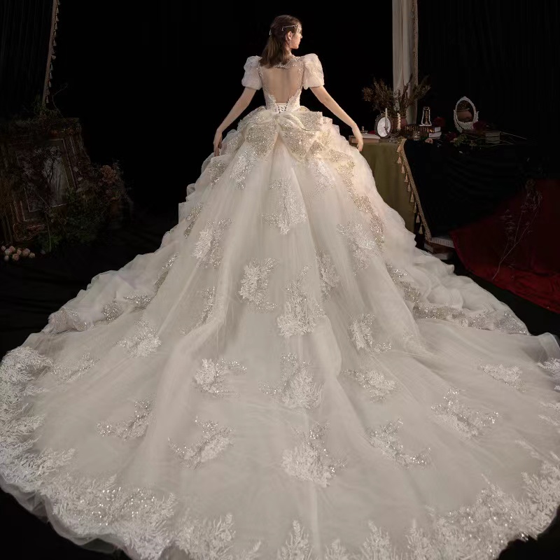 Sweetheart Crystal Beads Wedding Dresses Big Bow Back robe de mariage Custom Made Lace Appliques Plus Size Bridal Party Gowns shiny bg wed gown