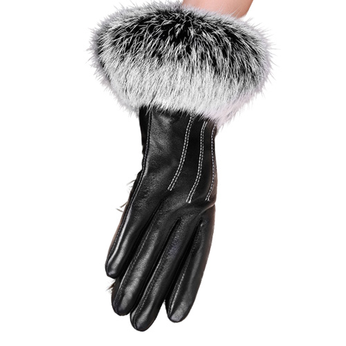 Winter black sheepskin Mittens Leather Gloves For Women Rabbit Fur Wrist Top Sheepskin Gloves Black Warm Female Driving Gloves 201