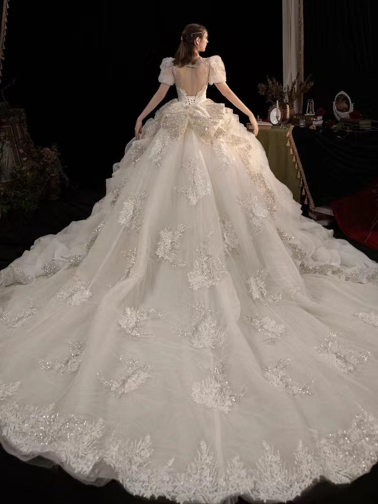 Sweetheart Crystal Beads Wedding Dresses Big Bow Back robe de mariage Custom Made Lace Appliques Plus Size Bridal Party Gowns shiny bg wed gown