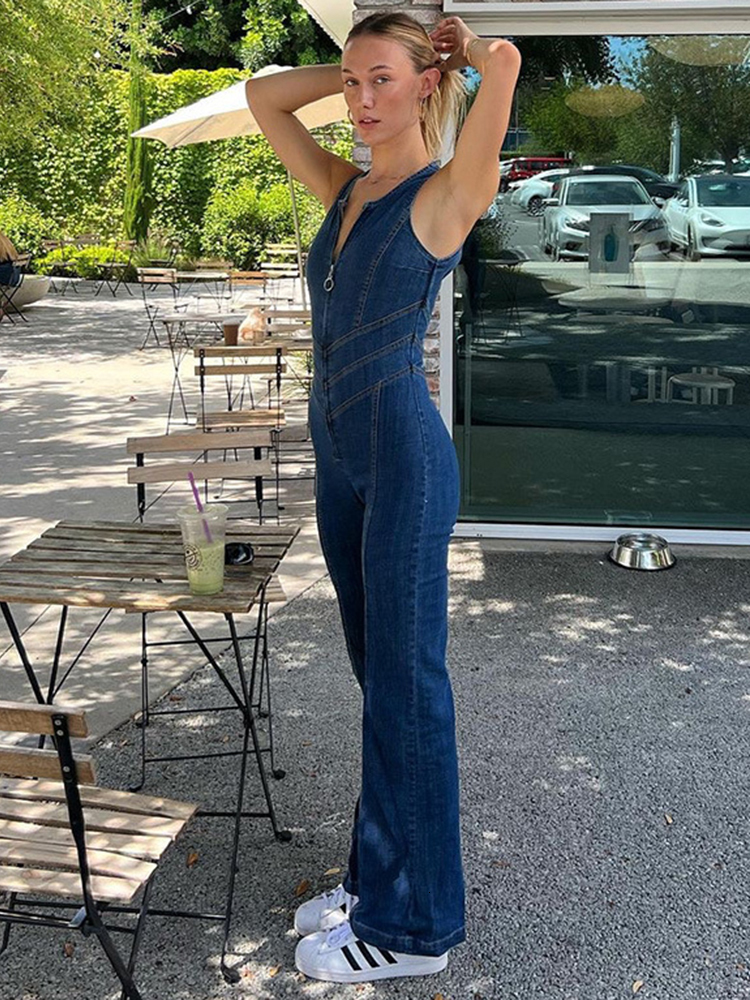 Women's Jumpsuits Rompers Apprabant Summer Sexy Denim Jumpsuit Sleeveless Deep V Neck High Waist Wide Leg Women Vintage Streetwear Fashion Jeans 