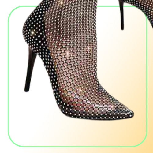 Sexy Women039s Boots Over The Knee Boots Thigh High Botas Pointed Toe High Heels Shoes Female Crystal Fishnet Mesh Nightclub Sh