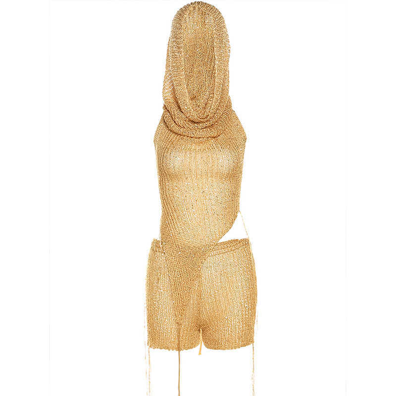 Womens 2023 Summer New Sexy Hollow out Knitted Sequin Top High Waist Wrapped Hip Shorts Set for Women