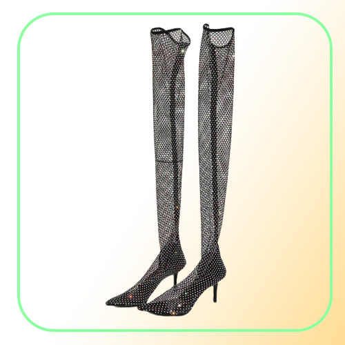 Sexy Women039s Boots Over The Knee Boots Thigh High Botas Pointed Toe High Heels Shoes Female Crystal Fishnet Mesh Nightclub Sh