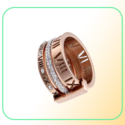 Rhinestone Rings For Women Stainless Steel Rose Gold Roman Numerals Finger Rings Femme Wedding Engagement Rings Jewelry