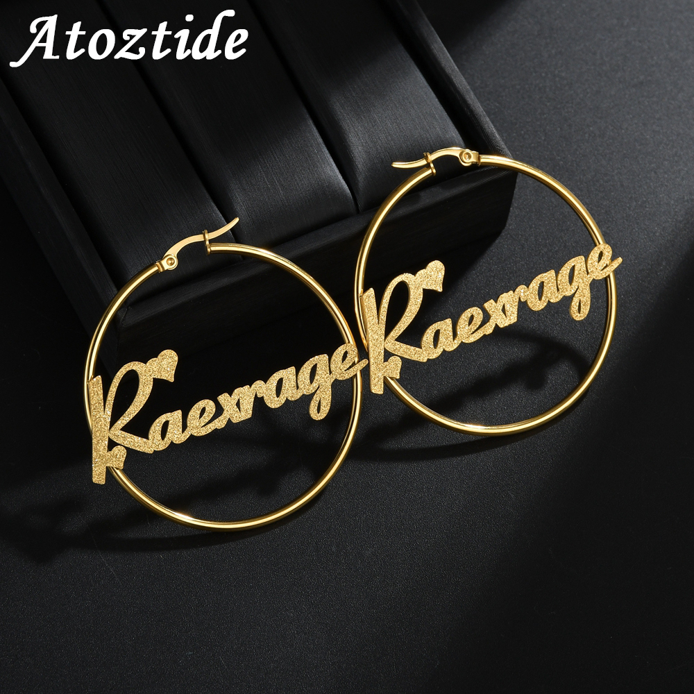 Hoop Huggie Atoz Personalized Name Stainless Steel Letter Earrings For Women Custom Circle Frosted Party Jewelry Gift 230727