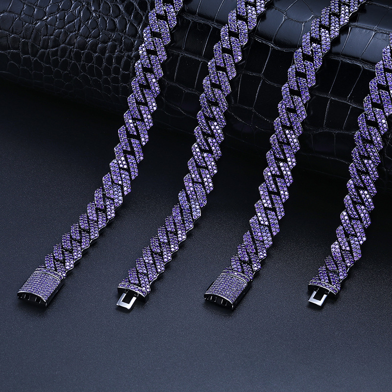 14mm Hip Hop TopBling Purple Cubic Zircon Miami Cuban Chain Necklace Bracelet Jewelry Gun Black Plated