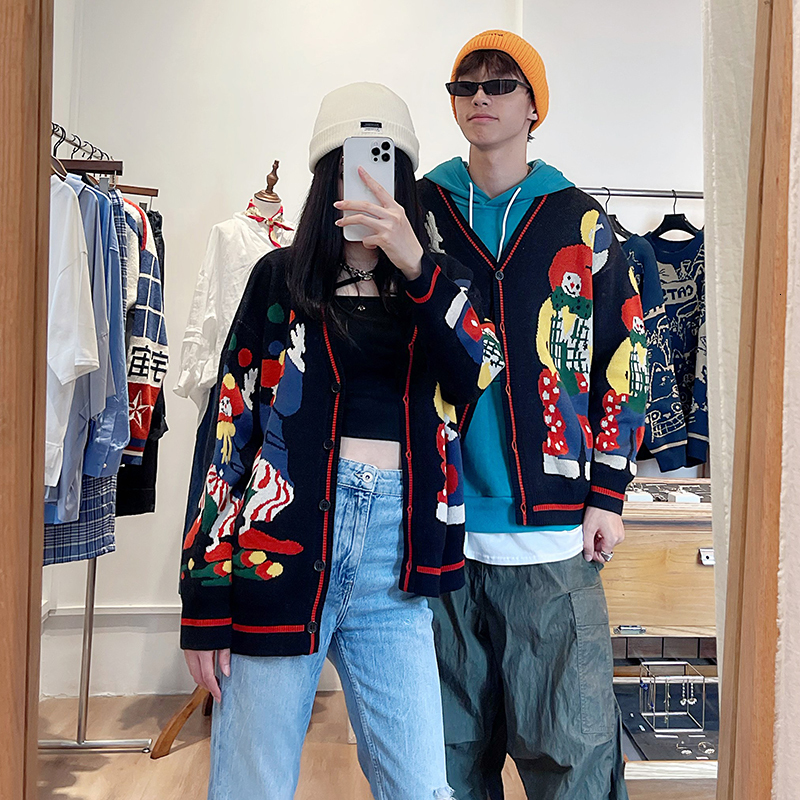 Men's Sweaters Christmas Knitted Sweater Men Cardigan Oversized Streetwear Knit Jumpers Funny Clown Print Cotton Harajuku Coats Unisex 230726