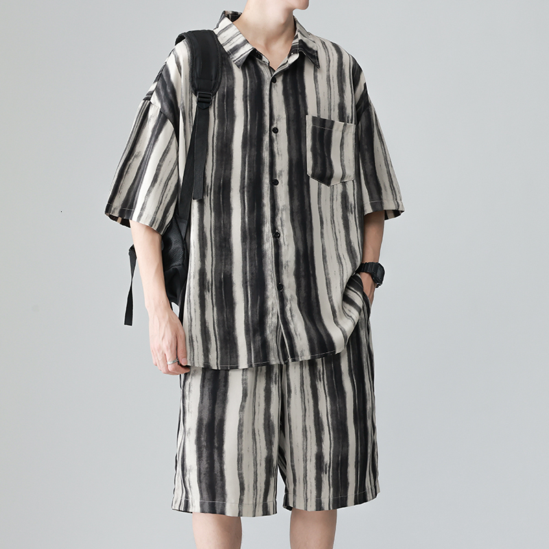 Men's Tracksuits Mens Fashion thin streak Chinese ink painting Sets Short Sleeve ShirtShorts 2Pcs Suit Loose 2023 Summer Casual Outfits 230727