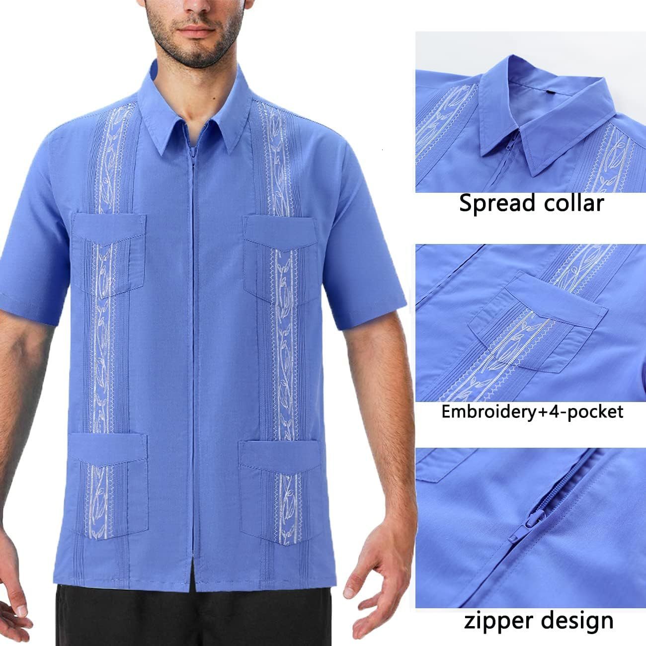 Mens Casual Shirts Short Sleeve Cuban Guayabera Full Zip Front Mexican Hawaiian Shirt with Pocket 230726