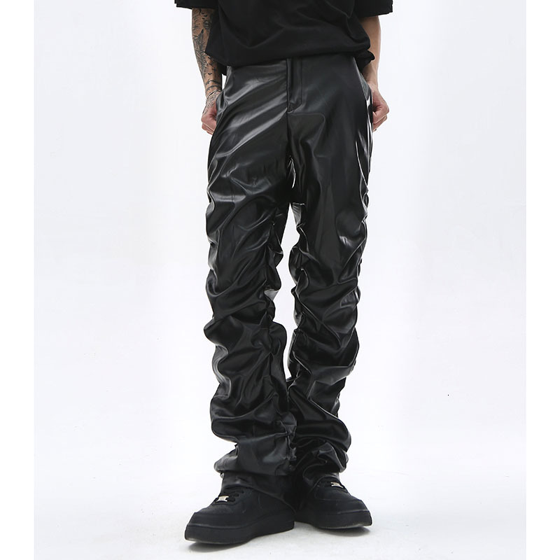 Men's Pants Hip Hop Mens Pleated Pu Leather Pants Harajuku Retro Streetwear Loose Ruched Casual Trousers Straight Solid Color Black Pants 230726