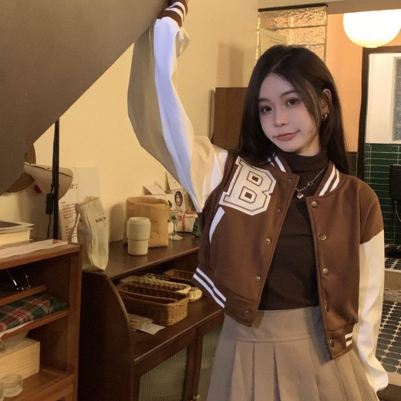 Womens Jackets HOUZHOU Cropped Baseball Jacket College Varsity Y2k Streetwear Vintage Oversize Korean Fashion Coat Aesthetic 230726