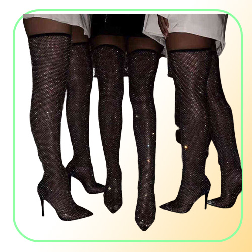 Sexy Women039s Boots Over The Knee Boots Thigh High Botas Pointed Toe High Heels Shoes Female Crystal Fishnet Mesh Nightclub Sh