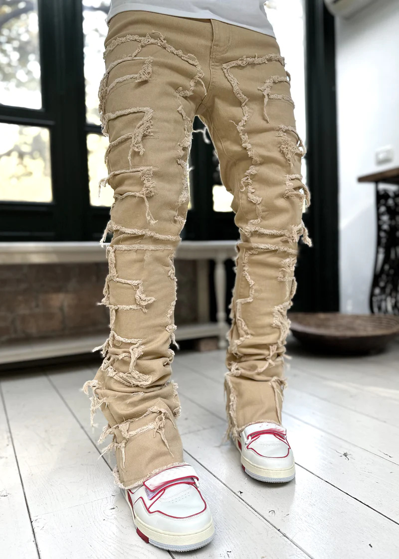 Men Jeans Slim Fit Straight Denim Pants Stretch Patchwork Denim Straight Leg Pants