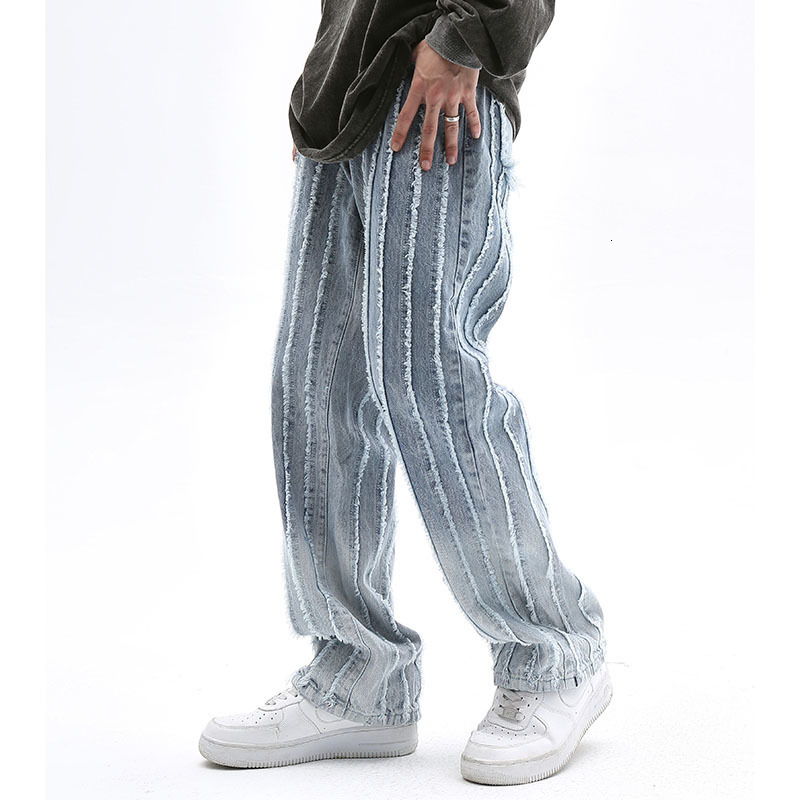 Men's Jeans Gradient Color Striped Frayed Retro Casual Denim Trousers Men and Women Straight Baggy Pockets Ripped Tassel Jeans Pants 230726