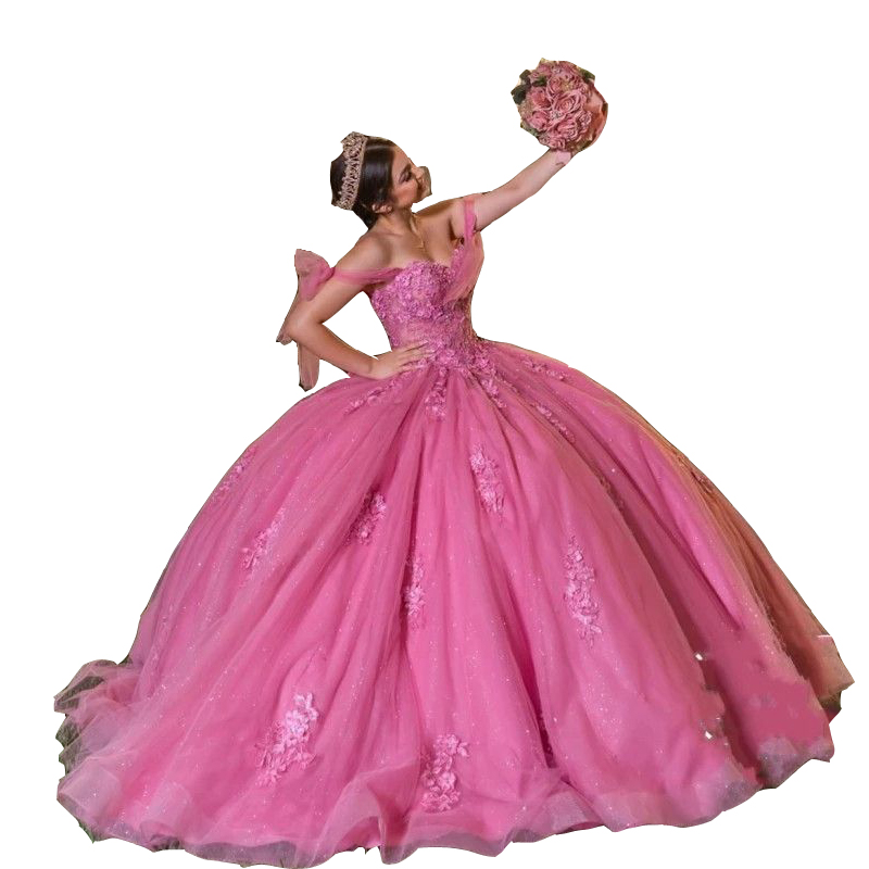 2024 Sexy Hot Pink Lace Quinceanera Dresses Ball Gown Sequined Crystal Beads Appliques Off Shoulder Sequins Tulle Party Dress Prom Evening Gowns Opeb 