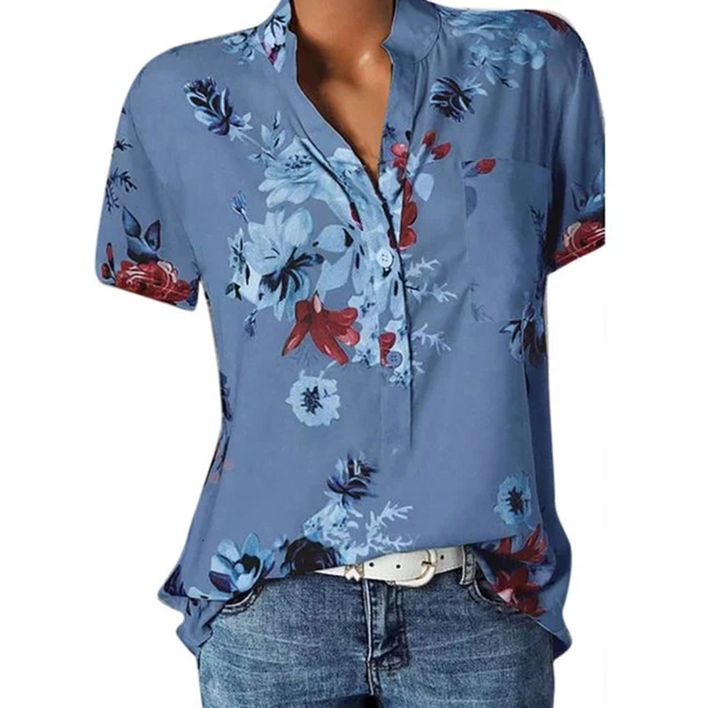 Womens Blouses Shirts Elegant womens shirt printing large size casual fashion Vneck shortsleeved blouse 230726