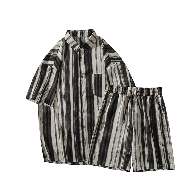 Men's Tracksuits Mens Fashion thin streak Chinese ink painting Sets Short Sleeve ShirtShorts 2Pcs Suit Loose 2023 Summer Casual Outfits 230727