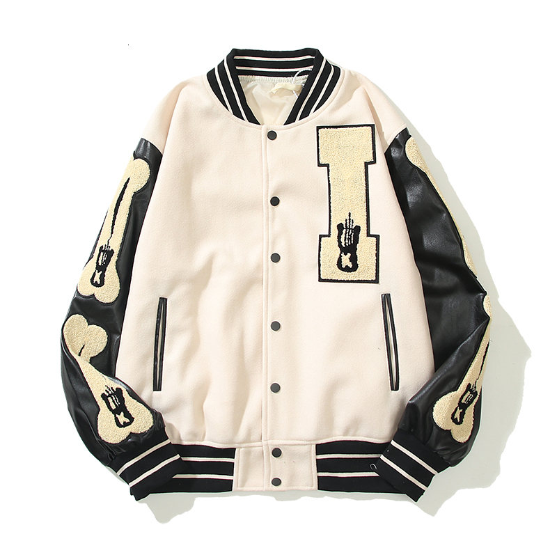 Men's Jackets Leather Sleeve Patchwork Bone Embroidery Retro Men's and Women's Woolen Baseball Jacket Harajuku Stand Oversize Casual Co
