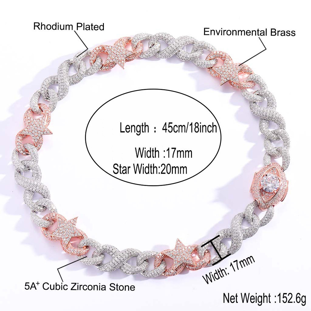 20mm Hip Hop Star Eye Infinite Chain Cuban Link Chain Necklace Bracelet Rose Gold Plated Jewelry