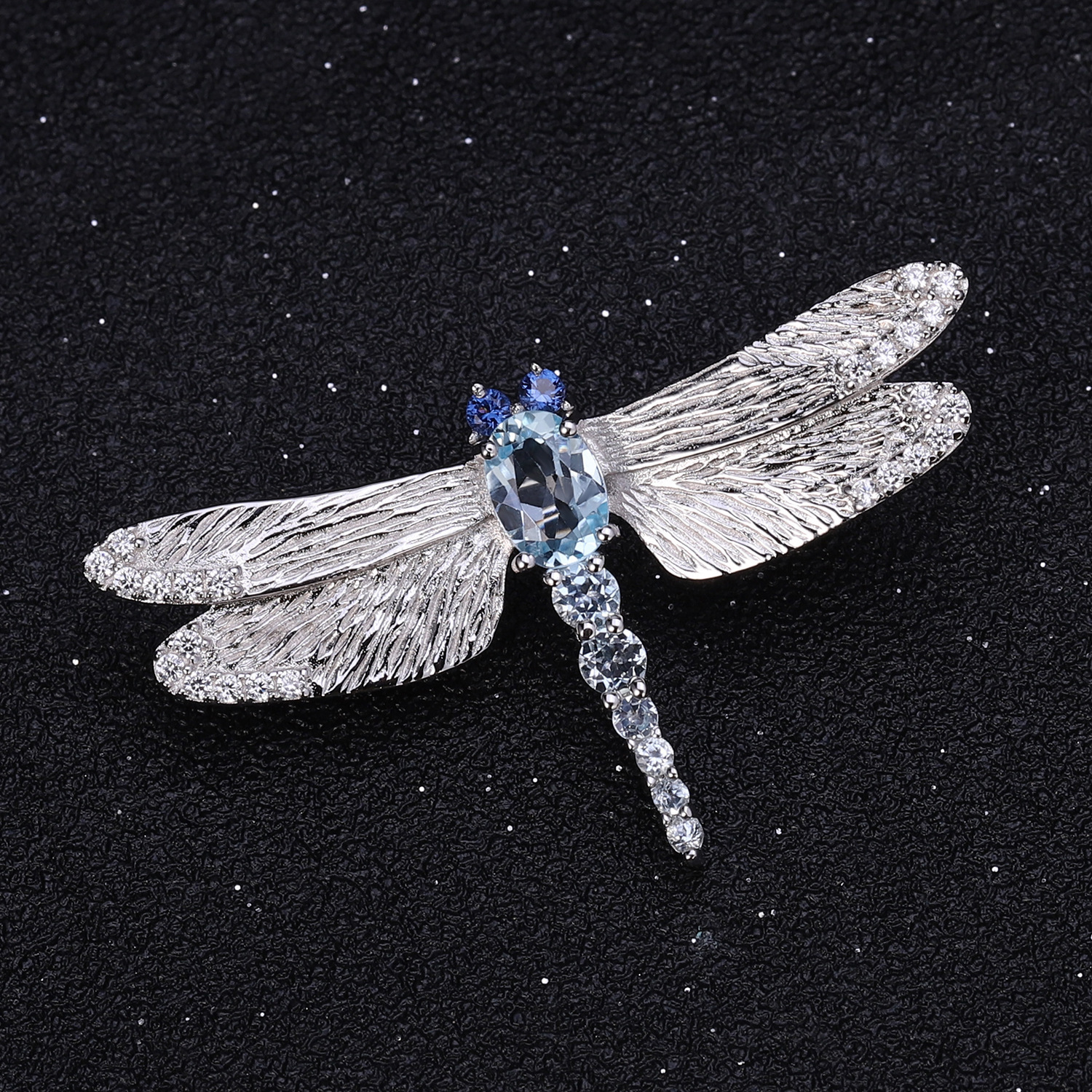Pins Brooches Jade Angel Natural Blue Topaz Dragonfly Brooch Stylish 925 Sterling Silver Handmade Animal for Women Fine Jewelry 230727