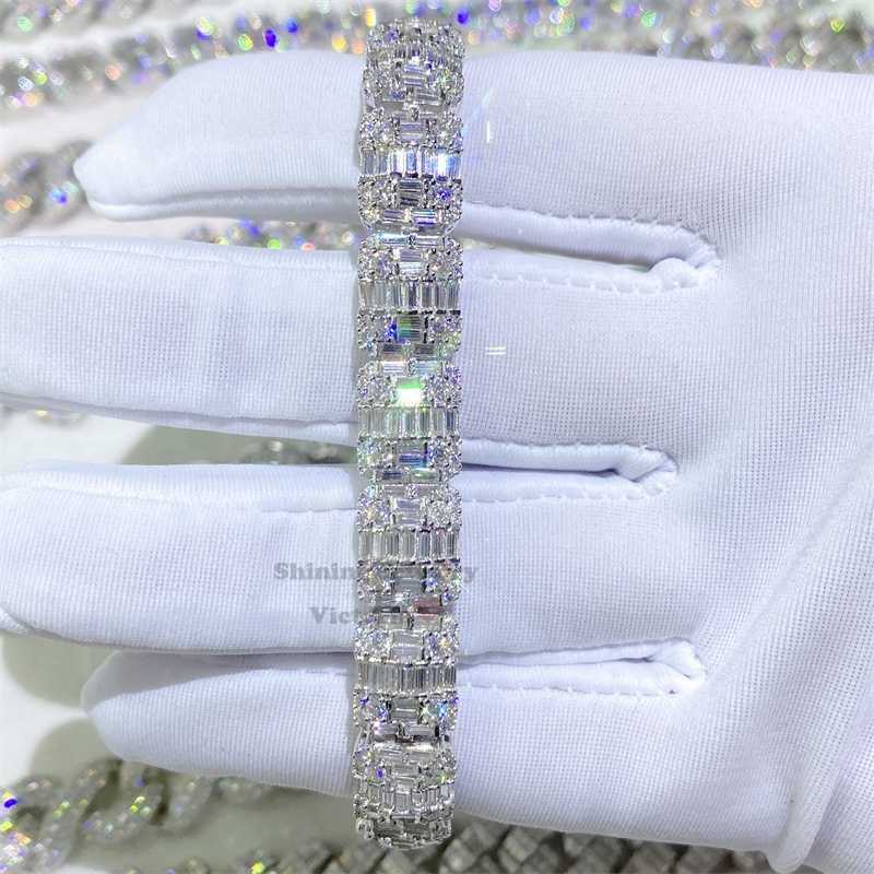 Solid Silver Men Fashion 10mm Vvs Moissanite Diamond Gra Baguette Tennis Bracelet