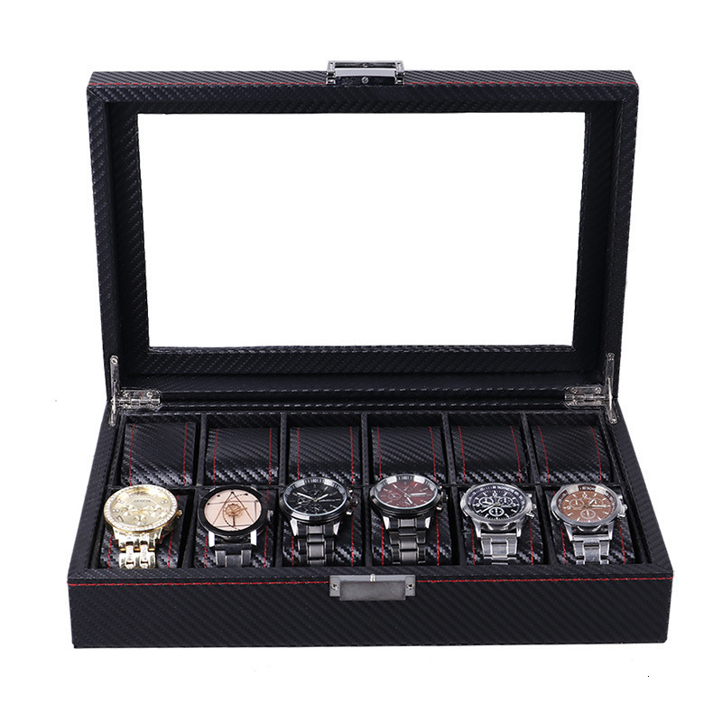 Watch Boxes Cases Carbon Fiber Leather Watch Box Can Store 12 Watches High Quality Black Watch Box Wood Materials Display Independent Packaging 230727