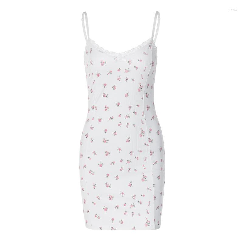 Casual Dresses Lace Patchwork Print Flower Backless Ribbed Mini Dress Bodycon Sexy Party Club Y2K Outfits Streetwear Bandage Vestido