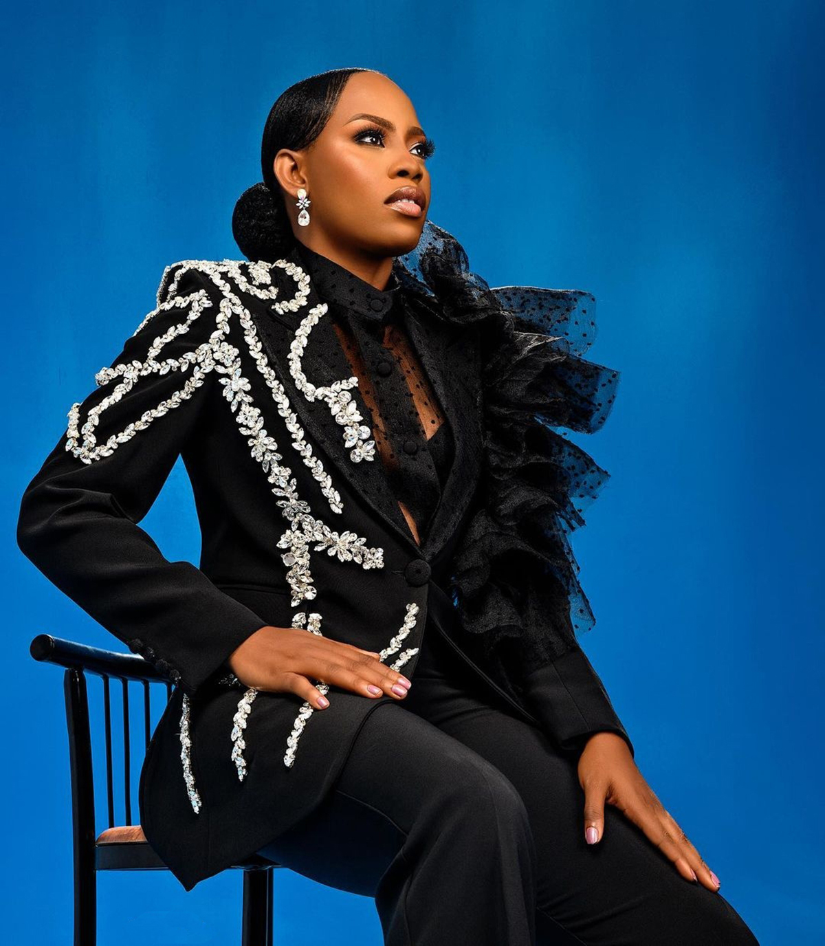 Cool Black Girls Pants Suits Designer Crystal Beading Ruffles Women Formal Party Prom Evening Wear 2 Pieces